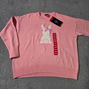 Vince Camuto Womens XS Easter Sweater Coral Pink Bunny Graphic Bow Cotton Knit‎
